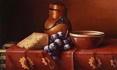 Still Life - Stilton and Grapes by David Ffrench le Roy, oil on board, sold Mar 2017