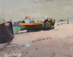 Moored by the Quay by Fred Cuming Ra British, oil on board, sold Jan 2017