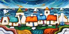 Annie Robinson, Coastal Village, oil on canvas