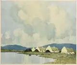 Paul Henry, Cottages by the Shoreline, print (signed by the artist in pencil)