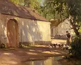 Frank McKelvey, Feeding the Hens, oil on canvas