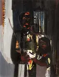 George Campbell, Blind Lottery Ticket Seller, 1960, oil on board