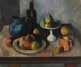 Peter Collis, Black Bottle & Fruit, oil on canvas