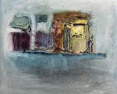 Dwelling by Gerald Davis, 1984, oil on board, sold Apr 2016