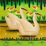 Yellow Eyed Birds by Graham Knuttel, oil on canvas, sold Apr 2016