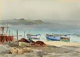 Mending the Nets, Dunseverick, North Antrim Coast by Frank Egginton, watercolour, sold Apr 2016