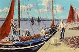 Ivan Sutton, Turf Boats, Galway Hookers, Carraroe Pier, Co. Galway, oil on panel
