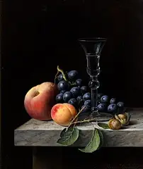 Still Life - Glass, Fruit & Nuts by Brian Davies British, oil on board, sold Dec 2015