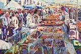 Paella Stall, Gange Market, France by Arthur K. Maderson, oil on panel, sold Dec 2015