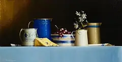 David Ffrench le Roy, Still Life of Blue Tableware, oil on board