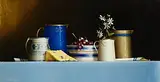 David Ffrench le Roy, Still Life of Blue Tableware, oil on board