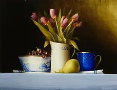 Jug of Tulips and Pear by David Ffrench le Roy, oil on board, sold Dec 2015