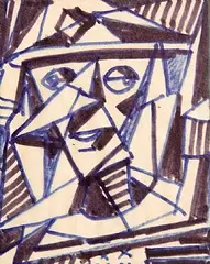 Leonard Beaumont, Iron Lady, 1985, blue & black fibre tip pen on light cream oriental paper