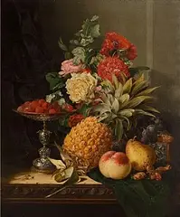 Edward Ladell British, Still Life with a Pineapple, Roses, Carnations, Cob Nuts, Peaches, a Pear, Black Grapes, Raspberries on a Parcel Gilt Tazza with a Parcel Gilt Casket on a Table, oil on canvas