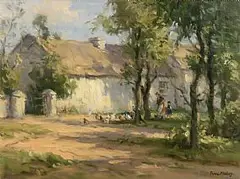 Frank McKelvey, Feeding Chickens at the Back of the House, oil on canvas