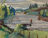 Men Fishing, West River Falls, Nova Scotia by Harry Kernoff, 1957, oil and pastel on board, offered Apr 2015