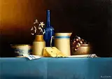 David Ffrench le Roy, Still Life with Blue Bottle and Stilton Cheese, 2013, oil on board