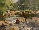Reflections, Dun River, Cushendun, Co. Antrim by Maurice Canning Wilks, oil on canvas, sold Dec 2014