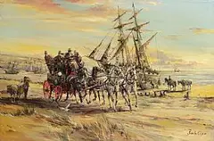 Gordon King British, Southampton Mail Coach, oil on canvas