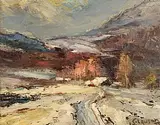 An Impressionistic Winter Scene with Mountainous Homestead Engulfed in Snow Drifts by Ernest Lawson Canadian-American, oil on panel, sold Sep 2014