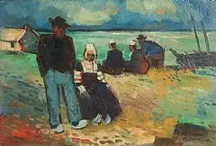 Reginald William Gammon British, Figures by the Shore, Brittany, oil on board