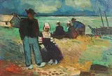 Reginald William Gammon British, Figures by the Shore, Brittany, oil on board