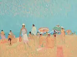 Girl in Stripped Dress on Beach, Spain by Desmond Carrick, oil on canvas panel, offered Sep 2014