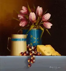 David Ffrench le Roy, Still Life With Tulips, oil on board