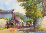 Kenneth Webb, Riding Out, Bel Air (showing artist on horseback wearing yellow jack), oil on canvas