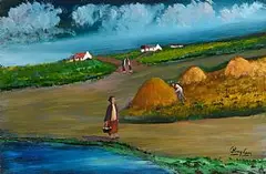 Jimmy Bingham, Haymaking, Donegal, oil on board