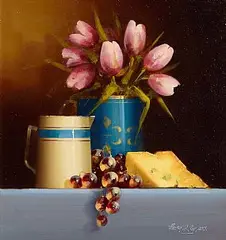 David Ffrench le Roy, Still Life With Tulips, oil on board