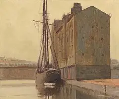 Gerald J. Bruen, Moored at the Grain Store, oil on board