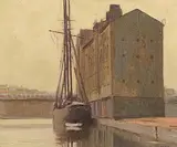 Gerald J. Bruen, Moored at the Grain Store, oil on board