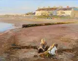 Paul Kelly British, Playing on the Beach, oil on board