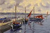 Ivan Sutton, Galway Hookers at Carraroe Pier, Co Galway, oil on board