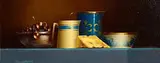 David Ffrench le Roy, Still Life with Staffordshire Jug on Blue Cloth, oil on board