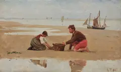 Laurits Tuxen, Preparatory study for "Digging for Worms on the Beach" from 1880, Cayeux-sur-Mer (Forarbejde til “Ormegravere på stranden"), 1880, oil on panel