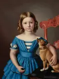 Carl Fiebig, Portrait of a Little Girl with Her Dog (Portræt af pige i blå kjole), 1856, oil on canvas