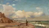 Carl Frederik Sørensen, Coast with Steep Cliffs; in the Foreground, a Fisher Boy (Kystparti med stejle klinter, i forgrunden fiskerdreng), oil on paper laid down on panel