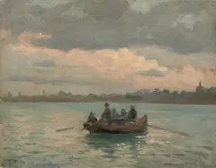 Laurits Tuxen, A Rowboat at Sea at Sunset off a Town (En robåd til søs uden for en by), 1875, oil on canvas laid on panel