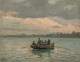 Laurits Tuxen, A Rowboat at Sea at Sunset off a Town (En robåd til søs uden for en by), 1875, oil on canvas laid on panel