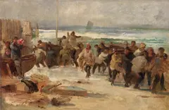Carl Locher, Fishermen Coming Ashore, Hornbæk (Fiskerne kommer i land, forarbejde til en ukendt komposition), oil on canvas