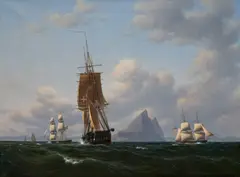 Carl Dahl, The Frigate Thetis, a Danish Naval Brig and a Brig under American Flag off the Coast of Gibralter (Fregatten “Thetis”, dansk orlogsbrig og brig under amerikansk flag ud for Gibraltar), 1840, oil on canvas