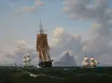 Carl Dahl, The Frigate Thetis, a Danish Naval Brig and a Brig under American Flag off the Coast of Gibralter (Fregatten “Thetis”, dansk orlogsbrig og brig under amerikansk flag ud for Gibraltar), 1840, oil on canvas