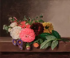 Johan Laurentz Jensen, Dahlias, Asters, and Hollyhock on a Sill (Georginer, asters og stokroser på en karm), 1831, oil on canvas