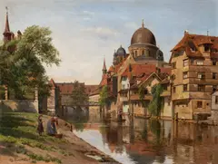 August Fischer, Canal Scene from Nuremberg, Pegnitzufer Near Spitalbrügge, Looking Toward the Synagogue (Kanalscene fra Nürnberg, Pegnitzufer ved Spitalbrügge, set mod Synagogen), 1904, oil on canvas