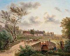 Jens Peter Møller, Landscape with Horse-Drawn Cart on a Bridge, Farm in Background (Landskab med hestekøretøj på en bro. I baggrunden en bondegård), 1850, oil on canvas