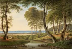 F.C. Kiærskou, View from Dyrehaven over the Sound to the Outflow of Mølleåen (Udsigt fra Dyrehaven over Sundet ved Mølleåens udløb), 1882, oil on canvas