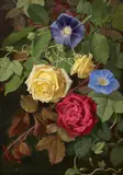 O.D. Ottesen, Roses and Ipomoea (Rose og Ipomea, Roserne Marskal Niel og Monsieur Bonsenne), oil on panel