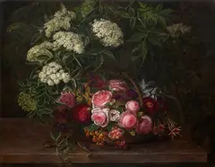 Johan Laurentz Jensen, Basket with Roses, Pink Carnations, Lilacs, and Fuschia Surrounded by Elder Branches (Kurv med roser, fuchsia og nelliker omgivet af hyldegrene), oil on canvas